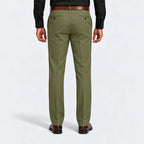 Back view of Dexonmen Men's Classic Fit Olive Dress Pants with buttoned back pockets and tailored fit