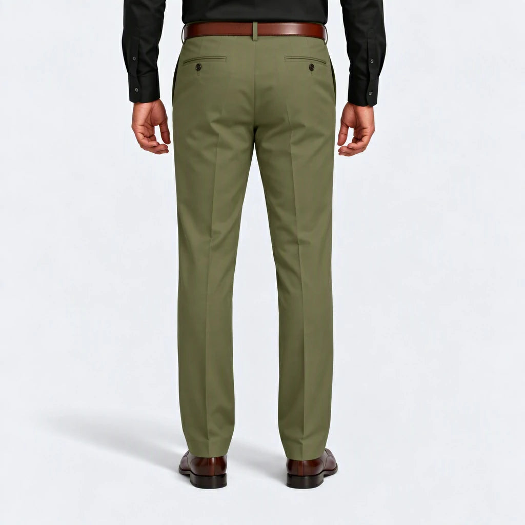 Back view of Dexonmen Men's Classic Fit Olive Dress Pants with buttoned back pockets and tailored fit