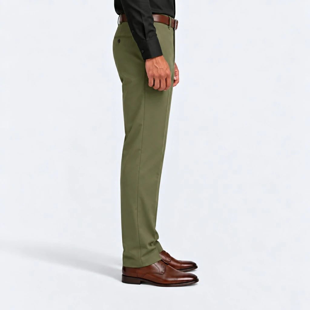 Side view of Dexonmen Men's Classic Fit Olive Dress Pants showing straight leg fit and clean silhouette