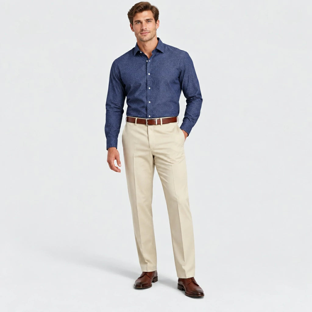 Man wearing Dexonmen classic fit sand dress pants with blue button-down shirt for business casual office look