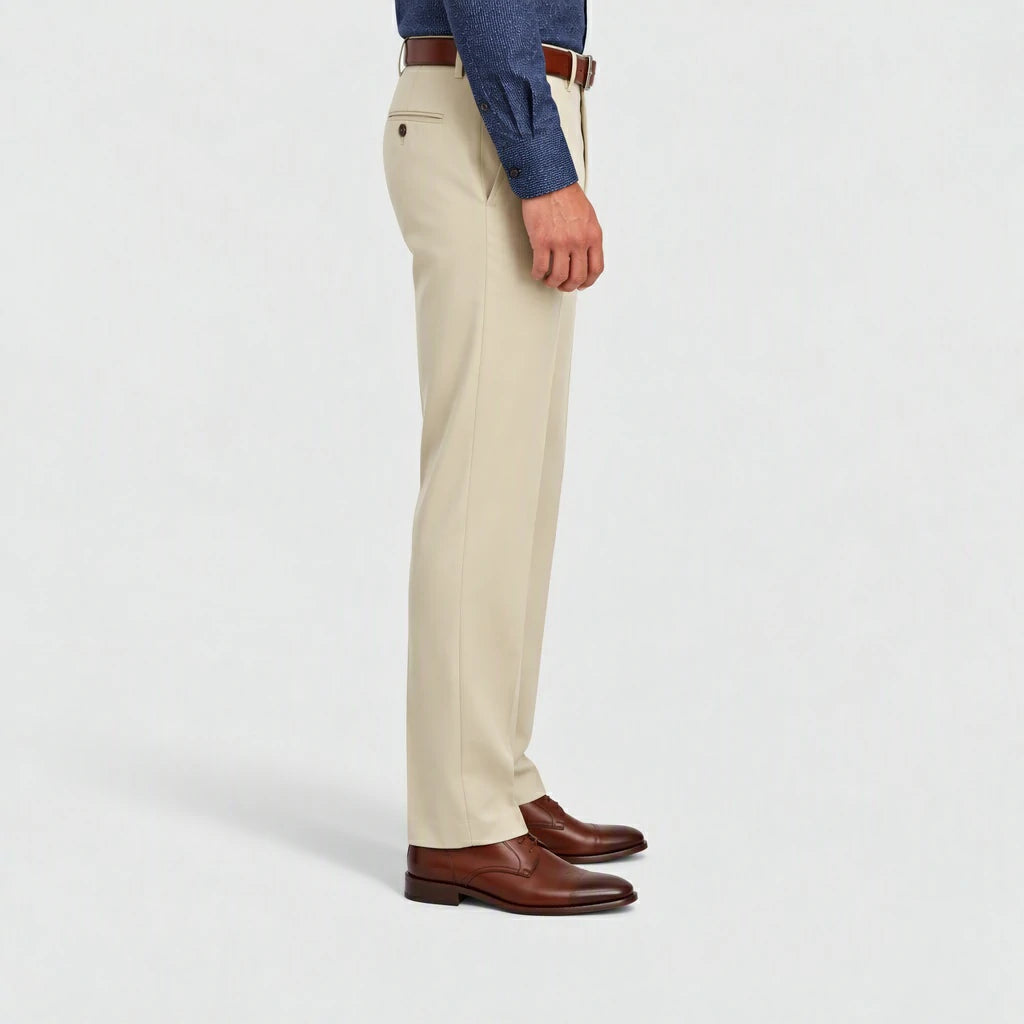 Side view of Dexonmen classic fit sand dress pants showing straight leg drape and tailored fit