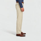 Side view of Dexonmen classic fit sand dress pants showing straight leg drape and tailored fit