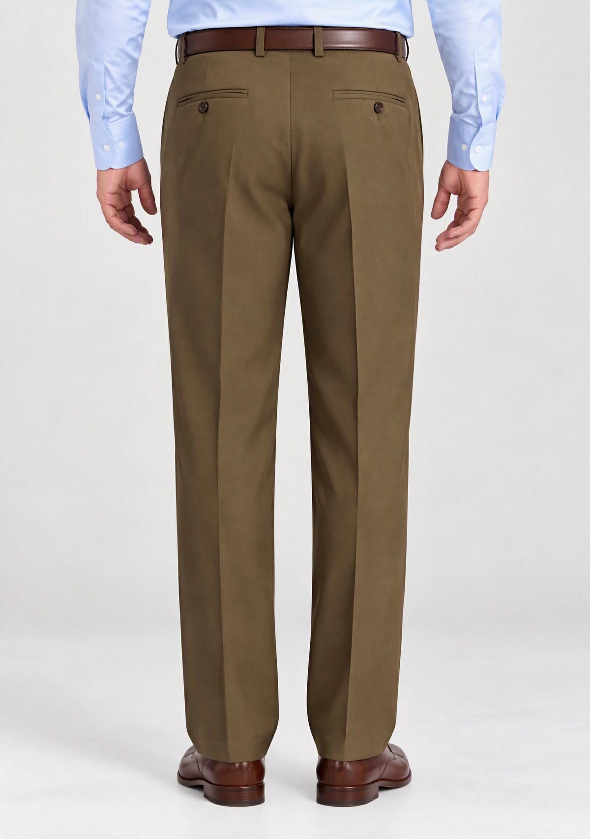 Back view of Dexonmen men's toast classic fit dress pants, pleated business trousers with button welt pockets
