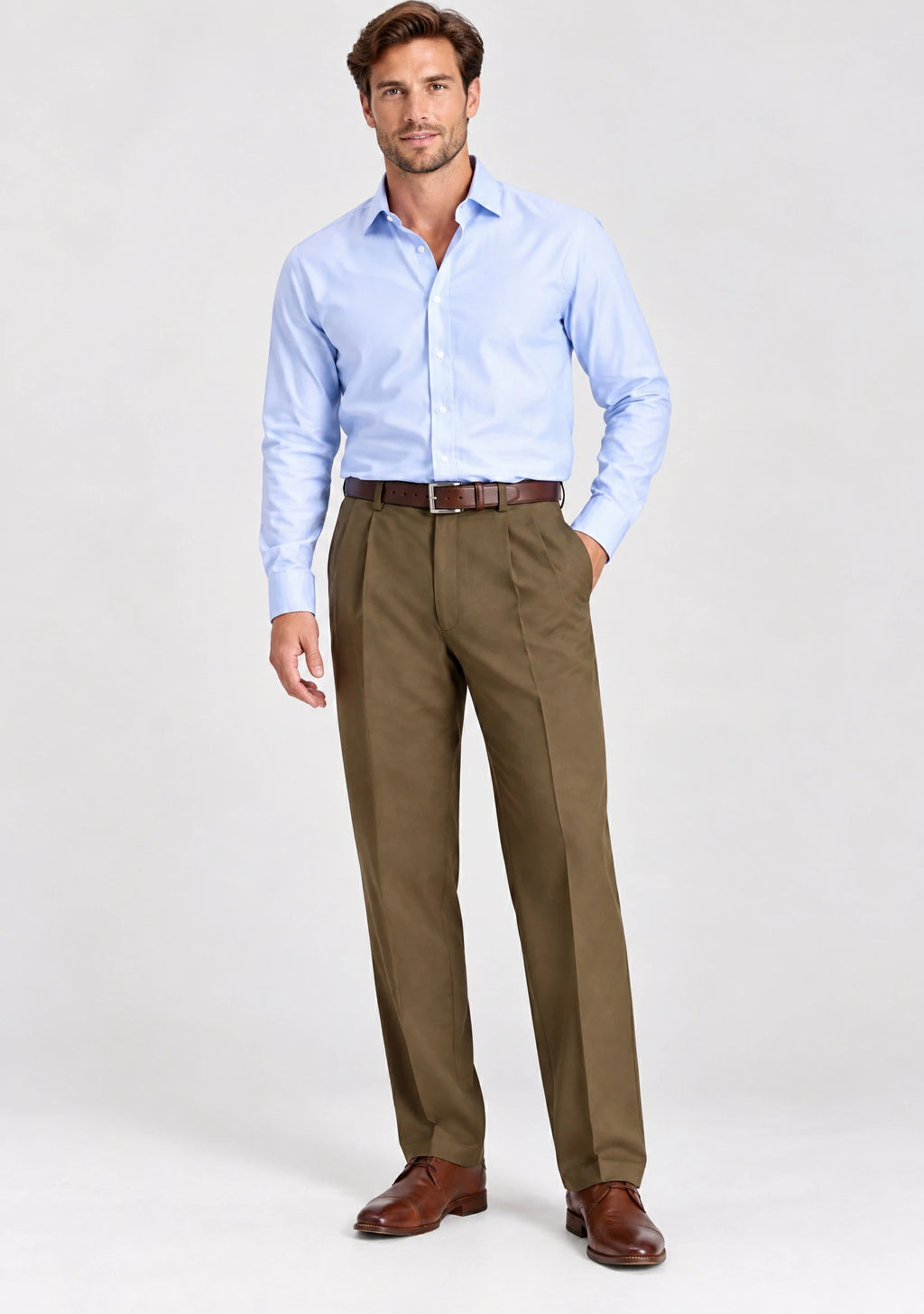 Man wearing Dexonmen men's toast brown pleated dress pants with light blue shirt, classic fit business casual office look