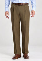 Dexonmen men's toast pleated dress pants with hidden expandable waistband, classic fit non-stretch trousers, front view