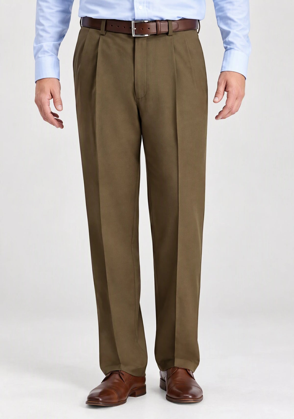 Dexonmen men's toast pleated dress pants with hidden expandable waistband, classic fit non-stretch trousers, front view