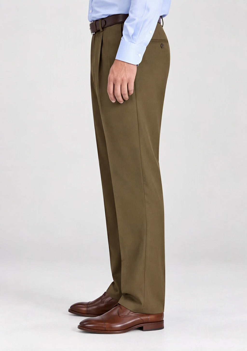 Side view of Dexonmen men's pleated dress trousers in toast, classic fit non-stretch office pants for men