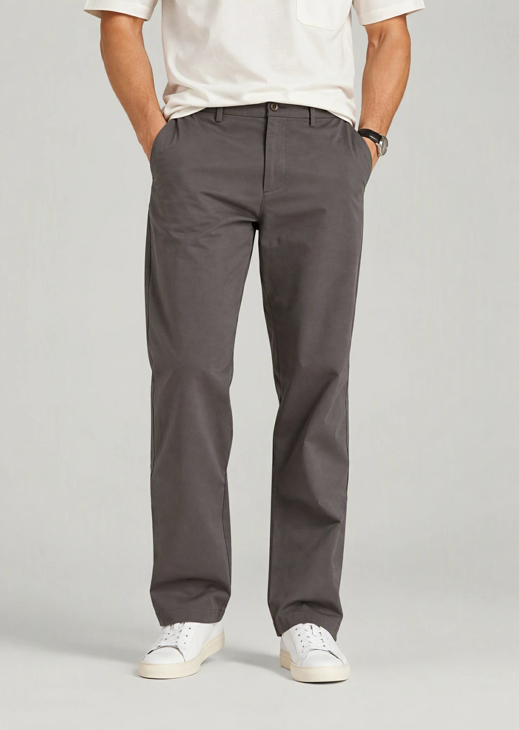 Close-up men's gray flat front cotton pants, regular fit casual dress pants with expandable waistband detail