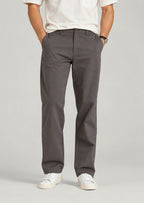 Close-up men's gray flat front cotton pants, regular fit casual dress pants with expandable waistband detail