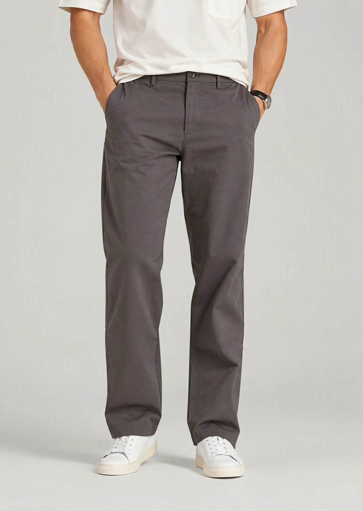 Close-up men's gray flat front cotton pants, regular fit casual dress pants with expandable waistband detail