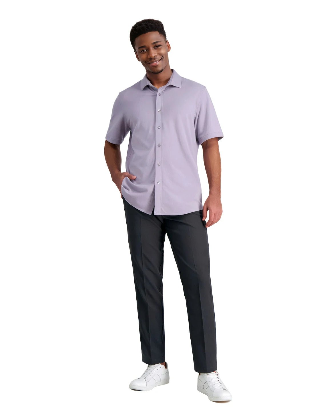 full front view of a man wearing solid grey stretchy dress pants