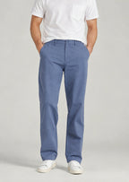 Close-up men's indigo blue flat front cotton pants, regular fit casual dress pants with expandable waistband detail