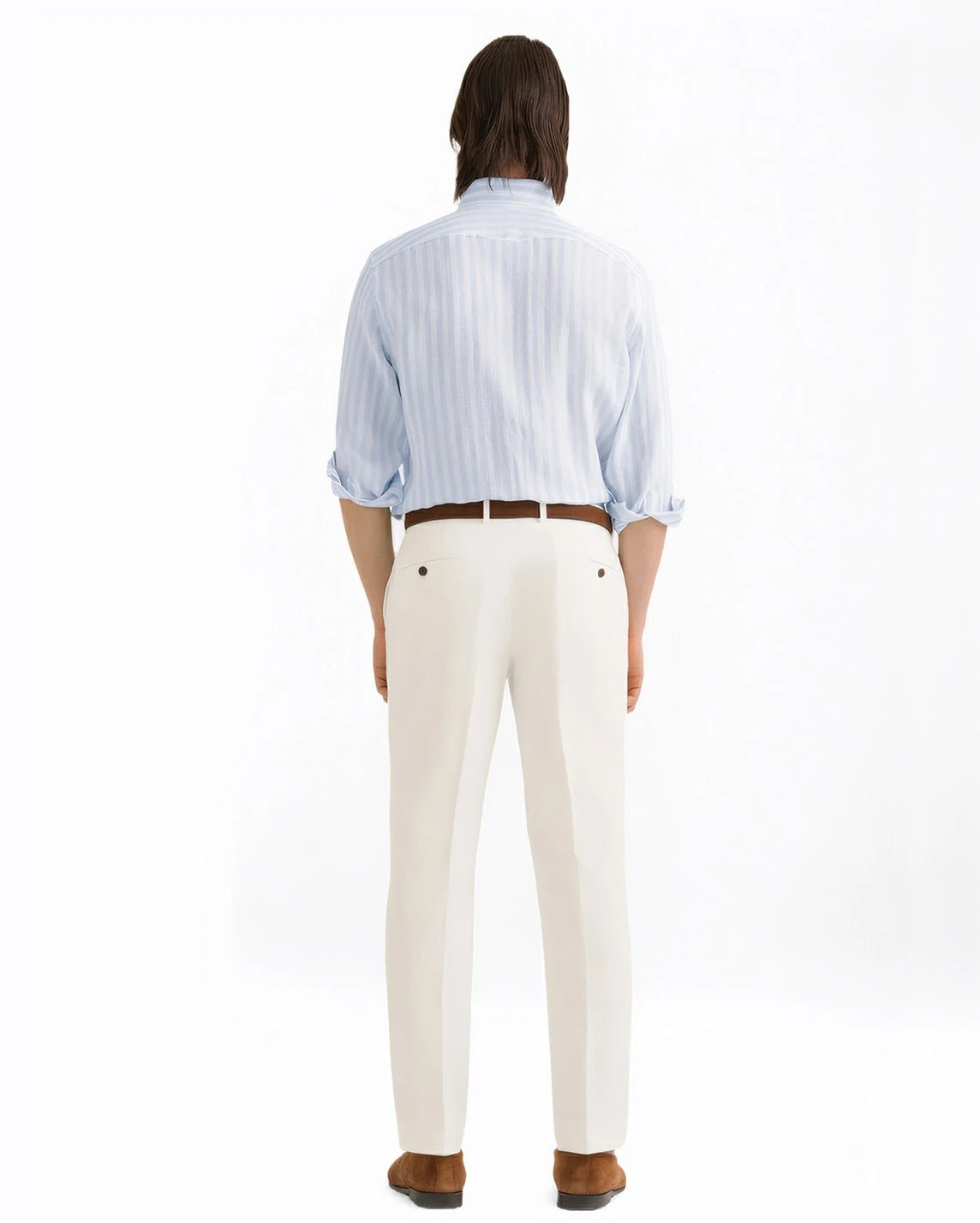 full back view of a man wearing solid ivory dress pants