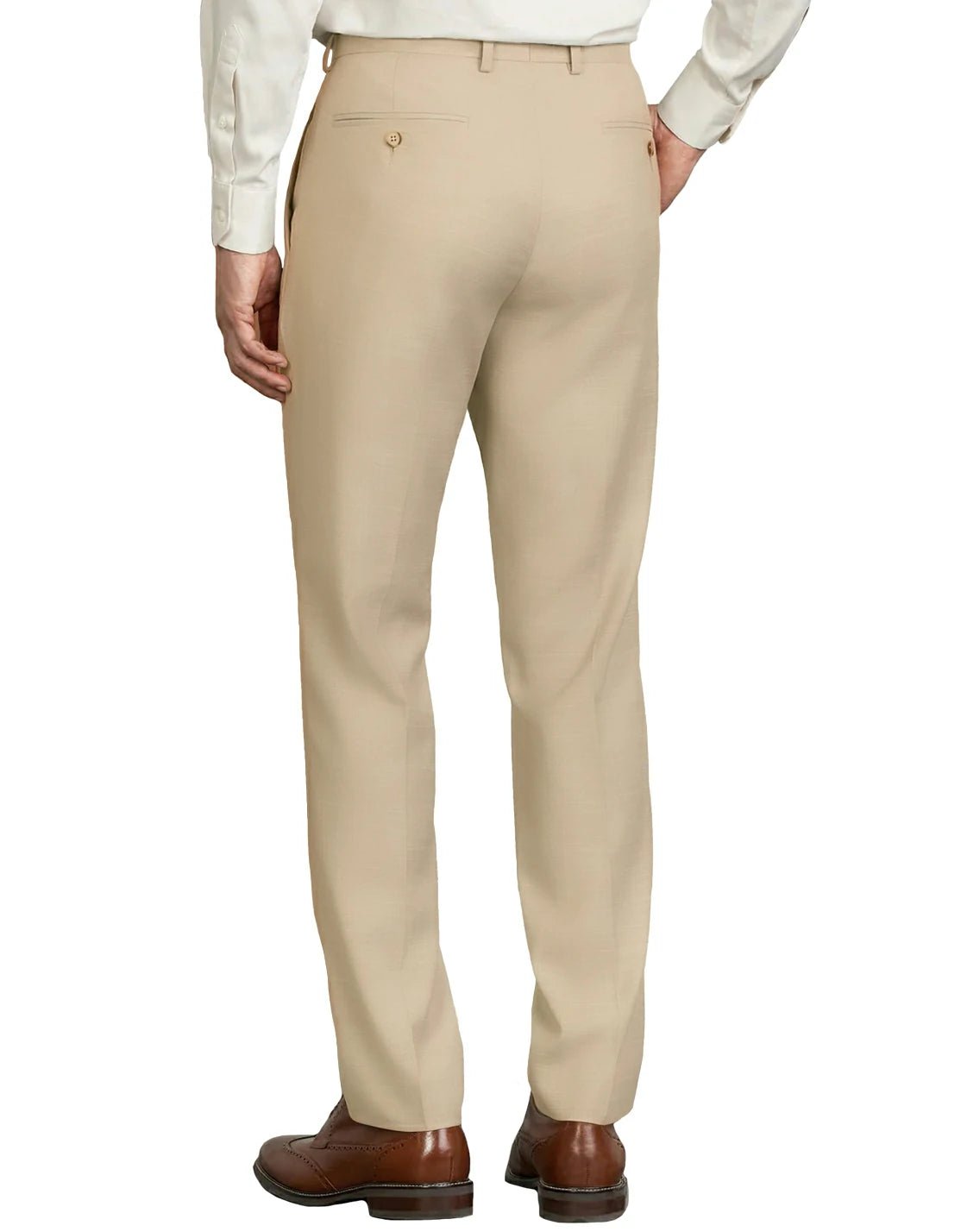 back view of a man wearing solid khaki dress pants with button back pockets