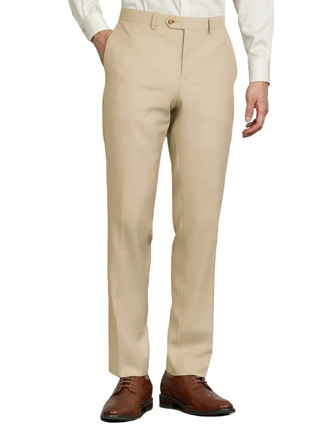 front view of a man wearing solid khaki dress pants with button and zipper closure