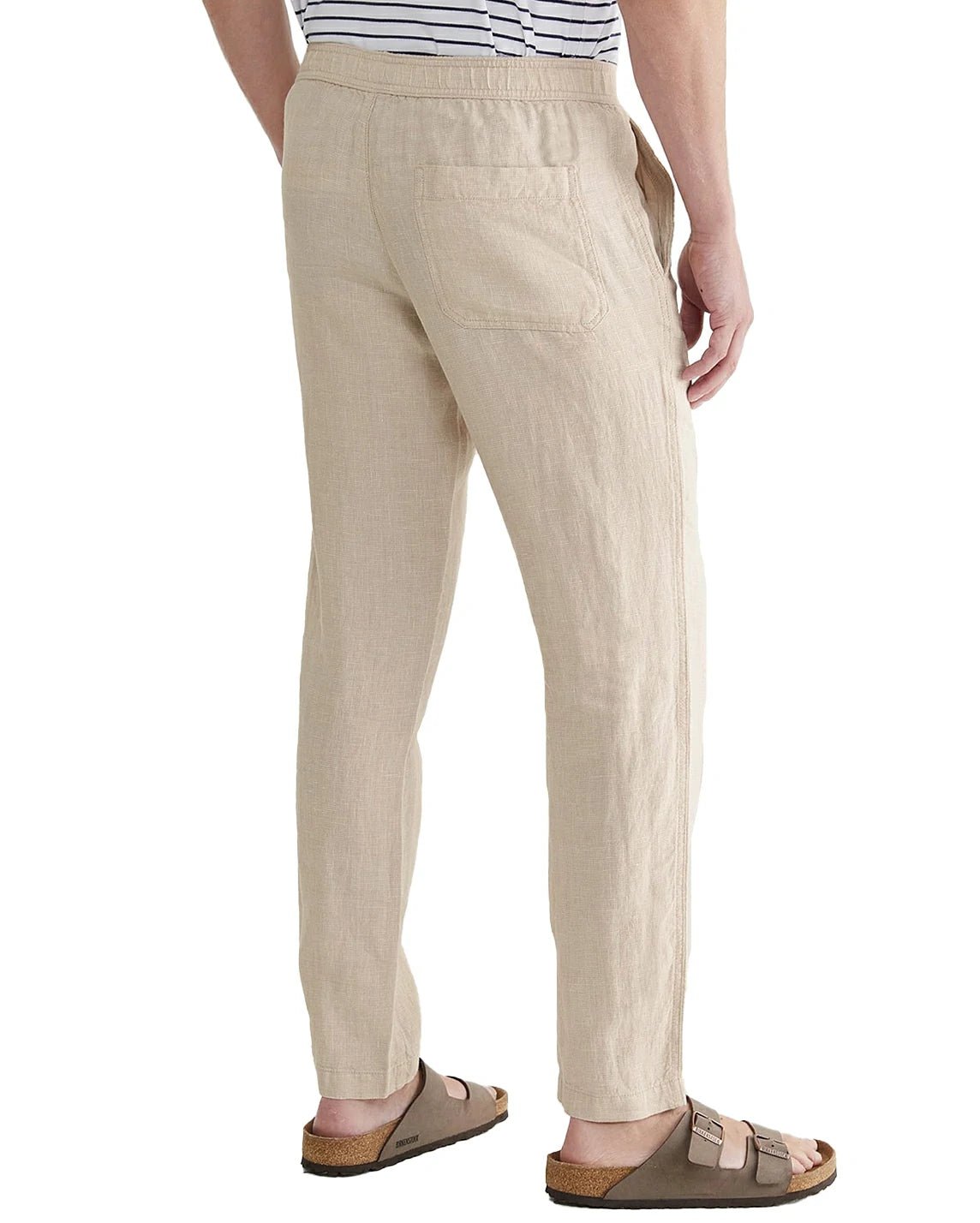 back view of a man wearing solid khaki linen pants with back pockets