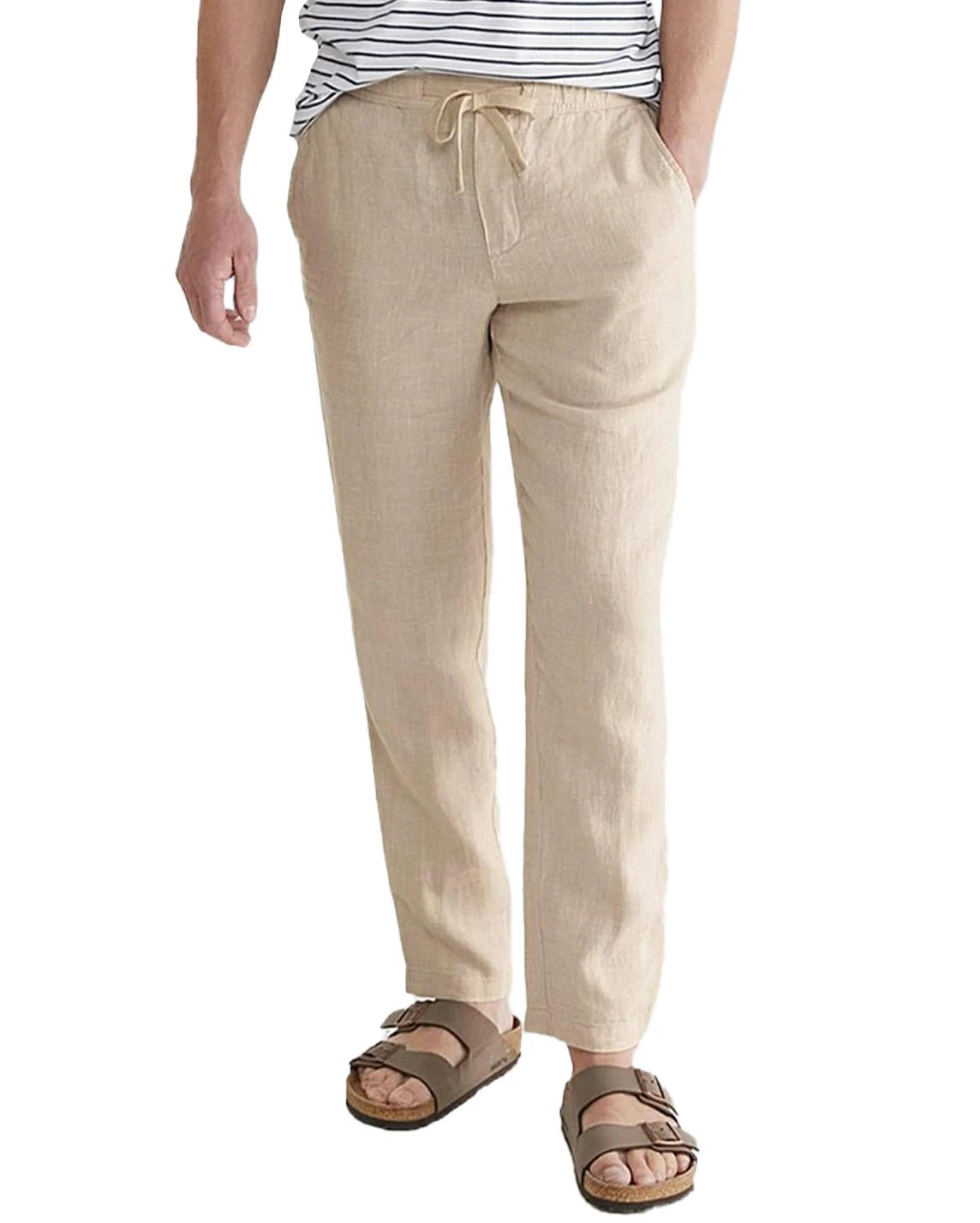 front view of a man wearing solid khaki linen pants