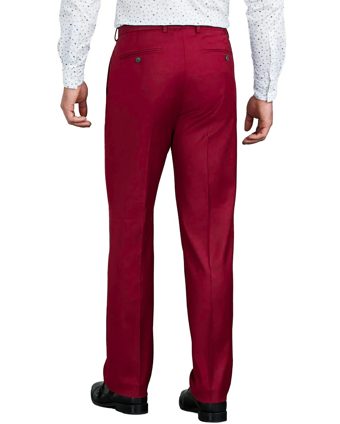 back view of a man wearing solid red dress pants with button back pockets