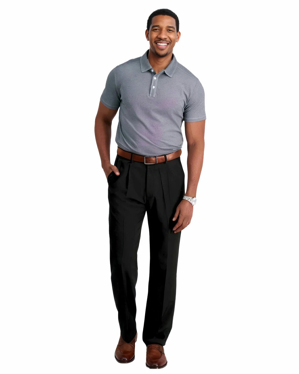 full front view of a man wearing solid black pleated dress pants