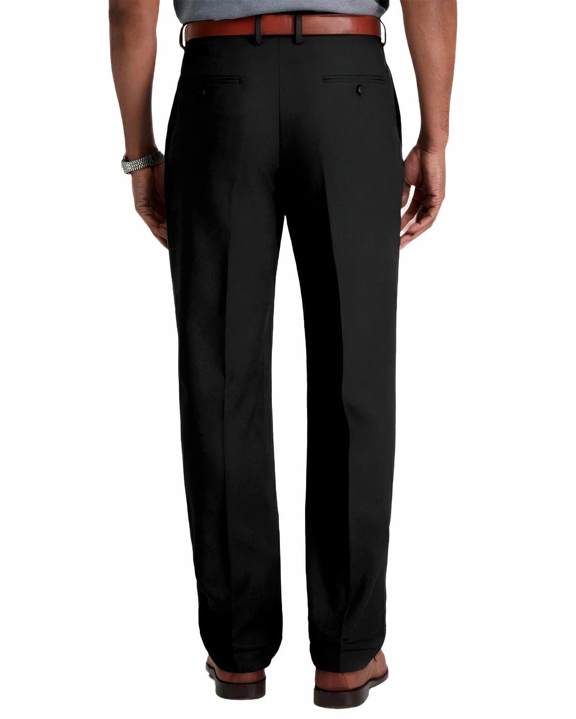 back view of a man wearing solid black dress pants with button back pockets