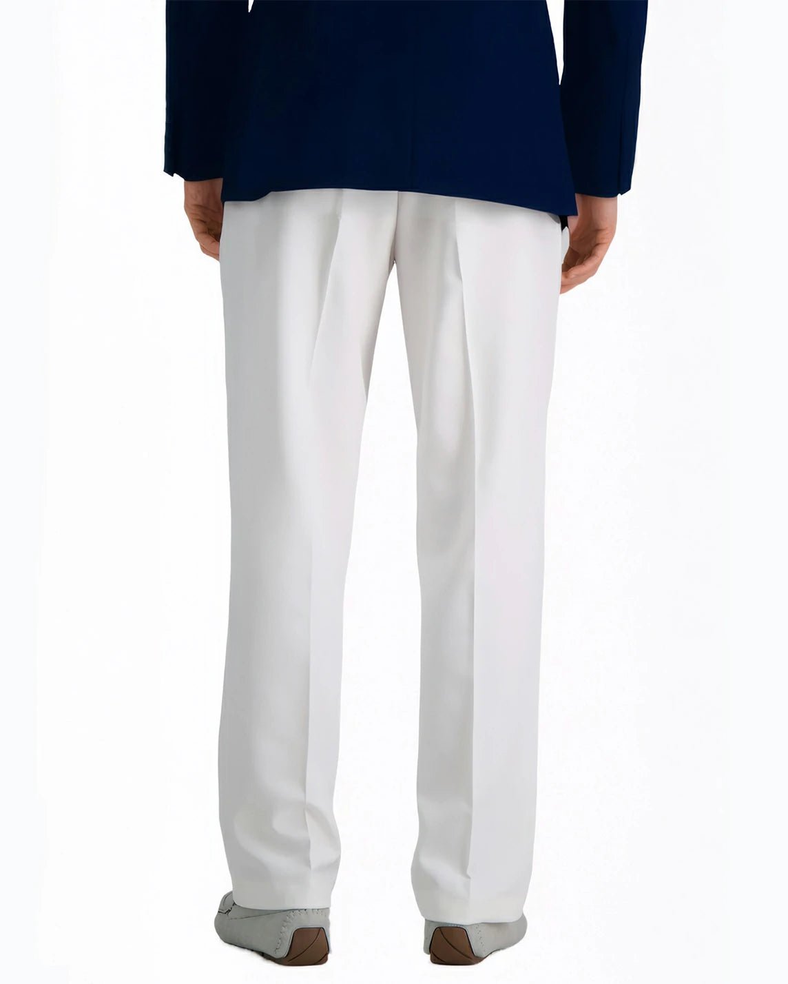 back view of a man wearing solid white dress pants with button back pockets