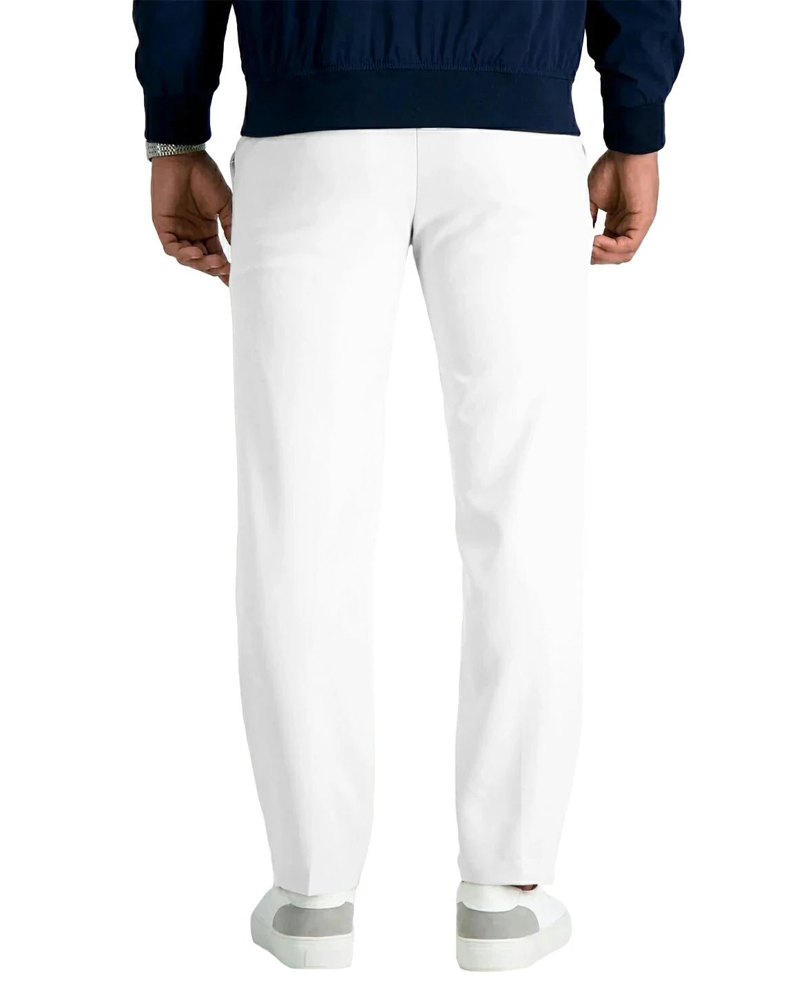 back view of a man wearing solid white pants with button back pockets