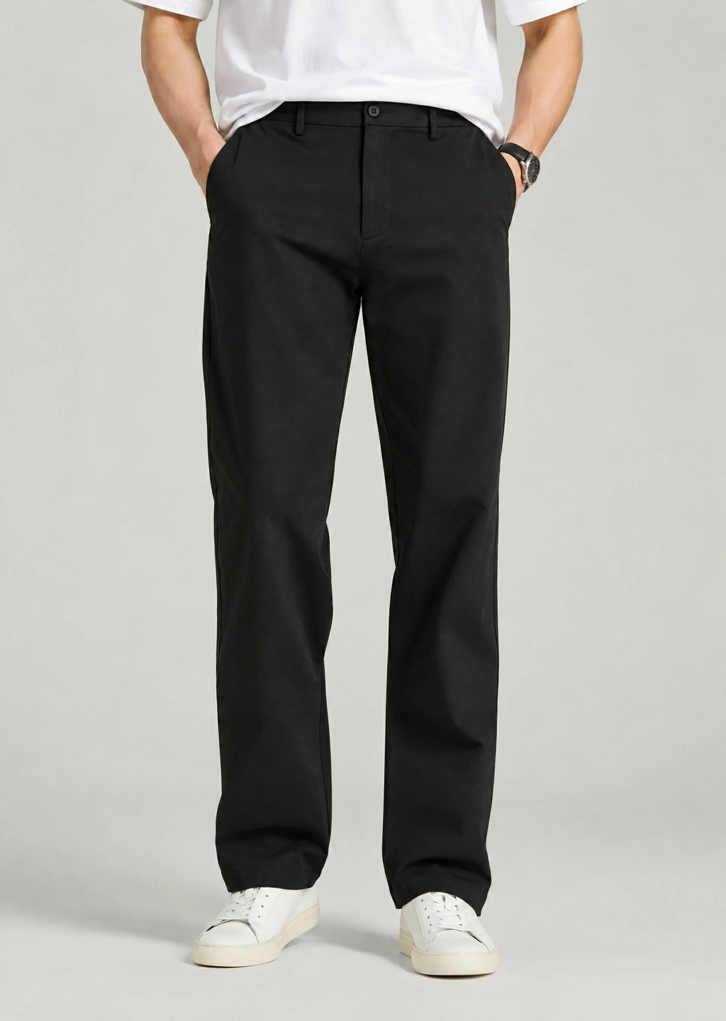 Men's black cotton dress pants with flat front and hidden expandable waistband for all-day comfort