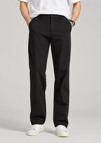 Men's black cotton dress pants with flat front and hidden expandable waistband for all-day comfort