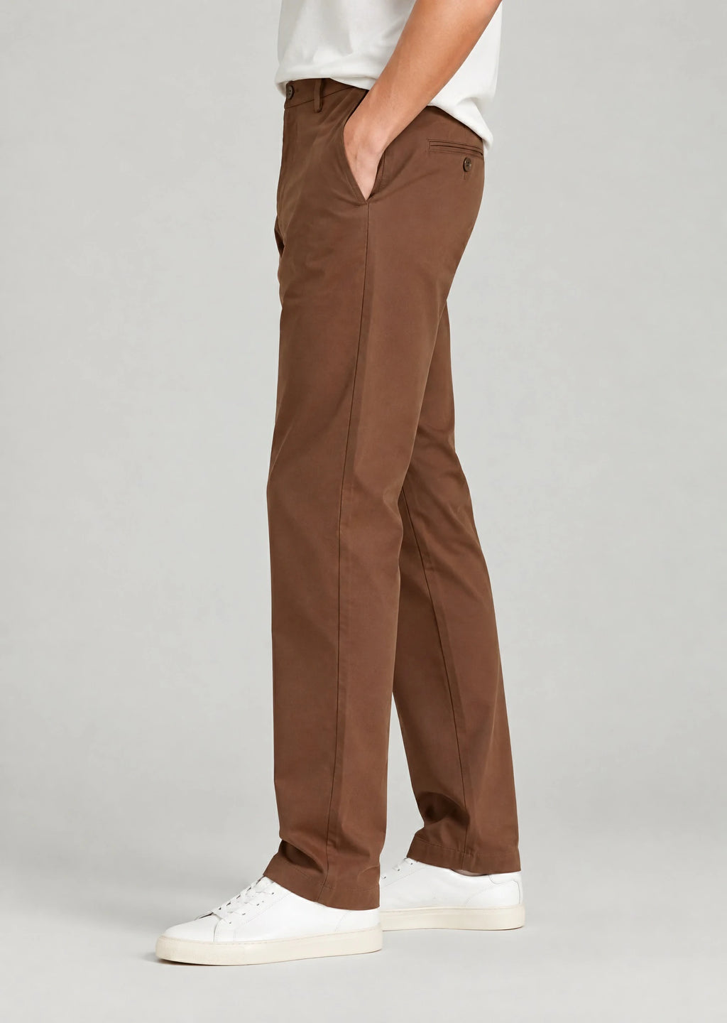 Side view men's brown casual cotton pants, straight leg classic fit with hidden expandable waist for comfort