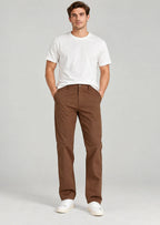 Men's brown cotton casual pants with hidden expandable waistband, classic fit flat front trousers for men