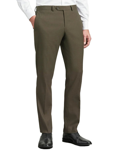 front view of a man wearing solid brown dress pants with button and zipper closure