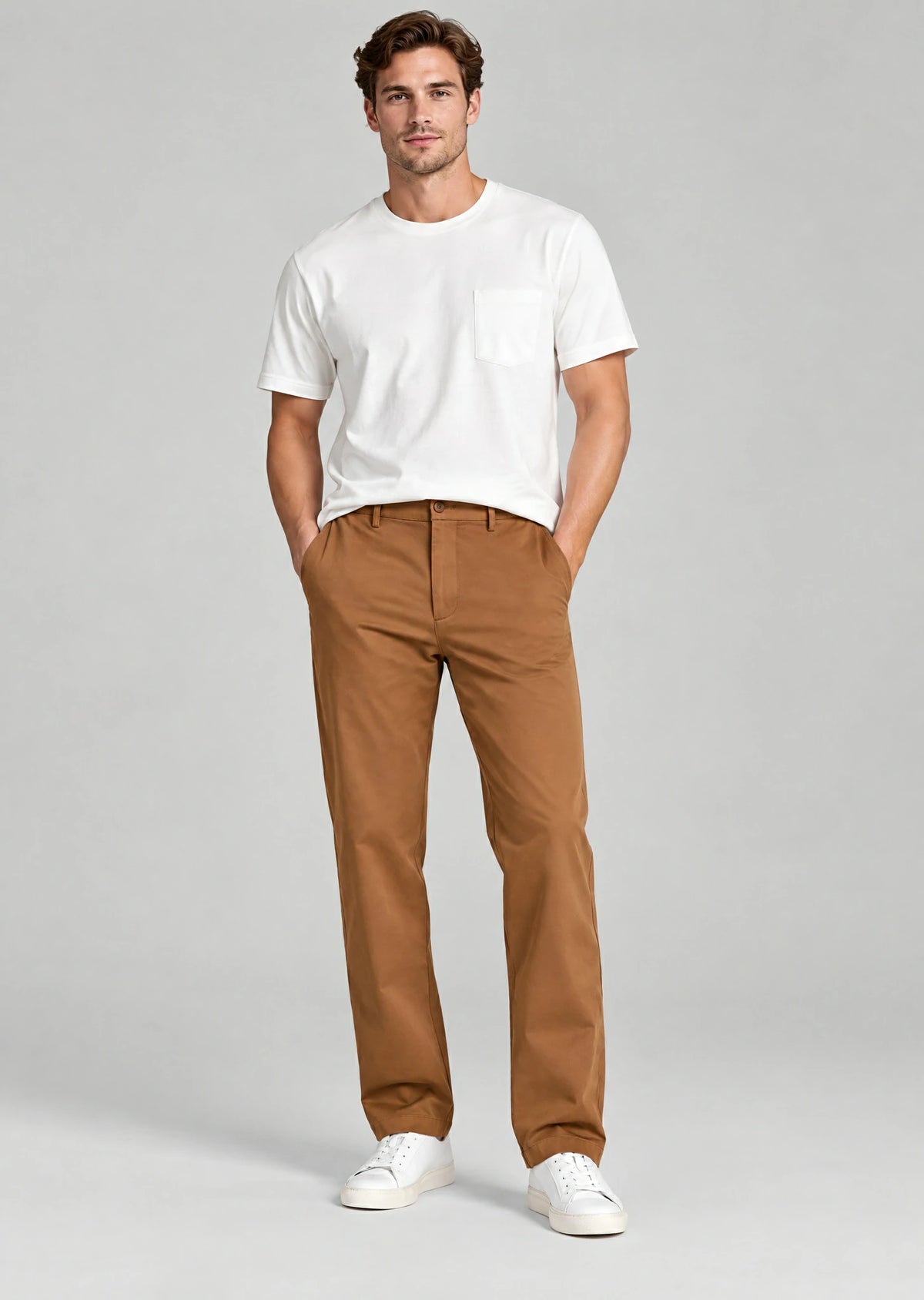 Men's dark khaki cotton casual pants with hidden expandable waistband, classic fit flat front trousers for men