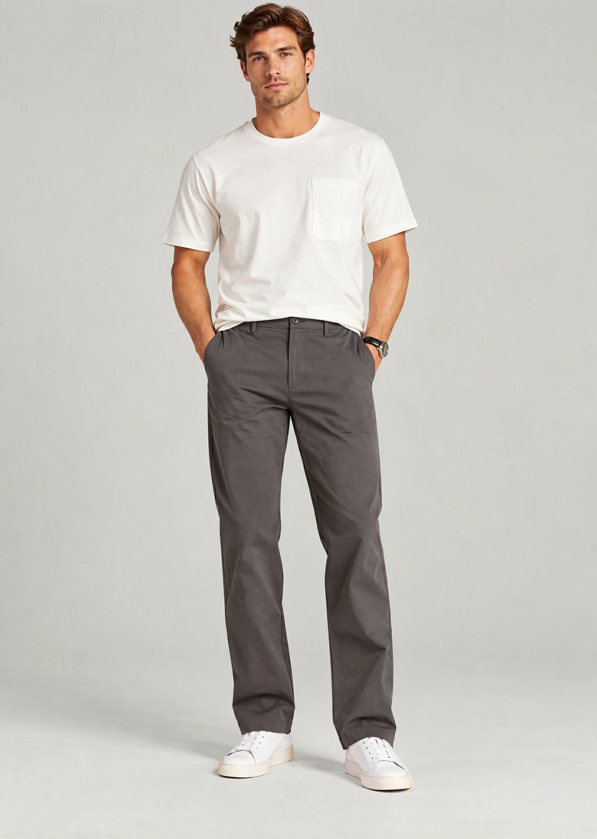 Men's gray cotton casual pants with hidden expandable waistband, classic fit flat front trousers for men
