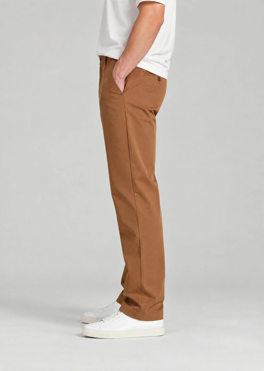 Side view men's dark khaki casual cotton pants, straight leg classic fit with hidden expandable waist for comfort