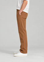 Side view men's dark khaki casual cotton pants, straight leg classic fit with hidden expandable waist for comfort