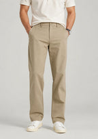 Men's khaki chino pants with flat front design, classic fit, and button closure for business casual style