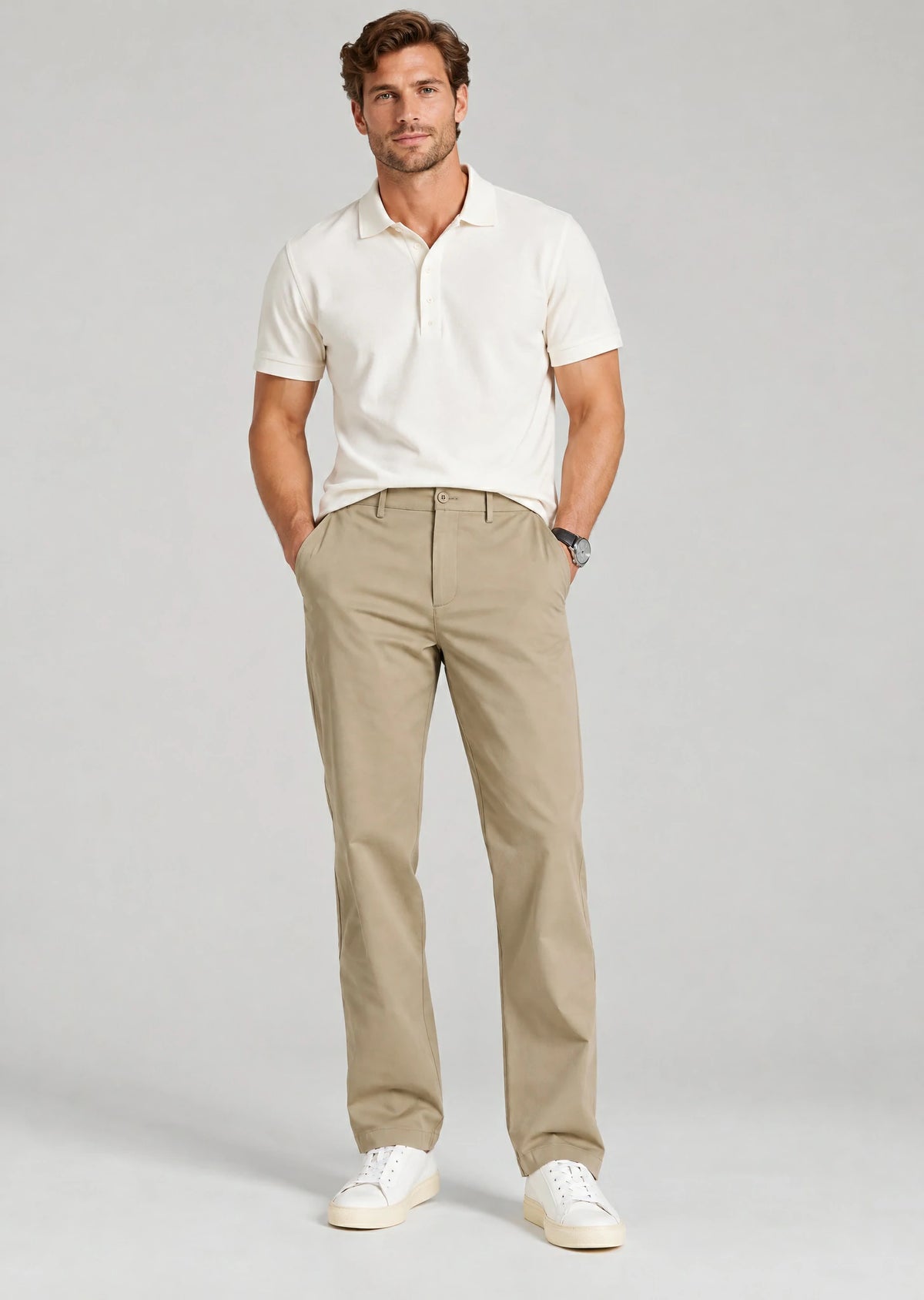 Man wearing straight khaki chino pants styled with white polo shirt, versatile men's business casual outfit