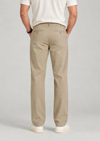 Back view of men's khaki dress pants with button welt pockets, classic relaxed fit chinos for office wear