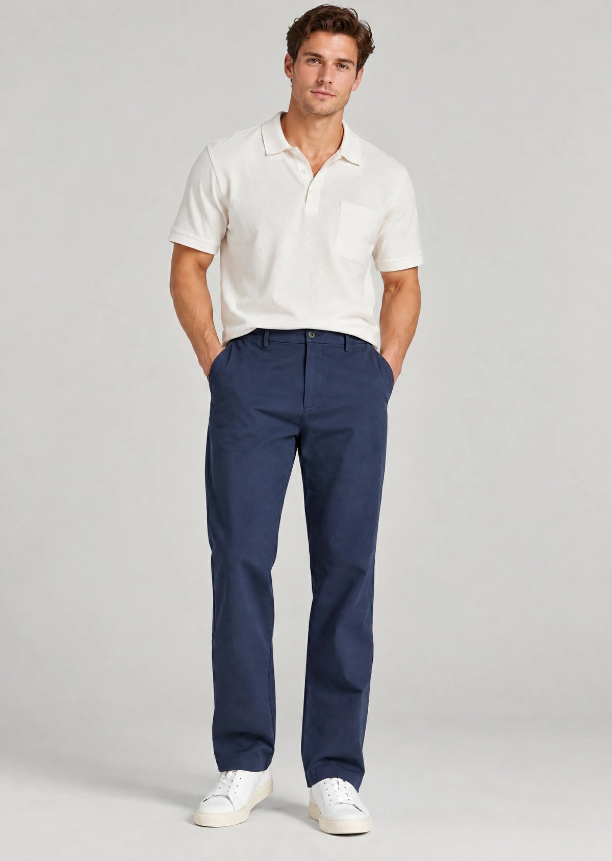 Men's navy blue cotton casual pants with hidden expandable waistband, classic fit flat front trousers for men