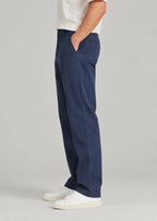 Side view men's navy blue casual cotton pants, straight leg classic fit with hidden expandable waist for comfort