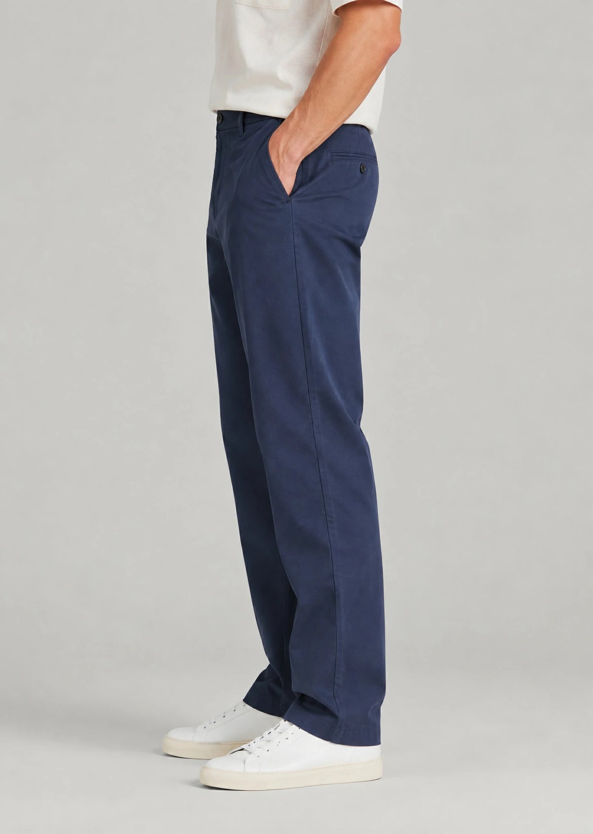 Side view men's navy blue casual cotton pants, straight leg classic fit with hidden expandable waist for comfort