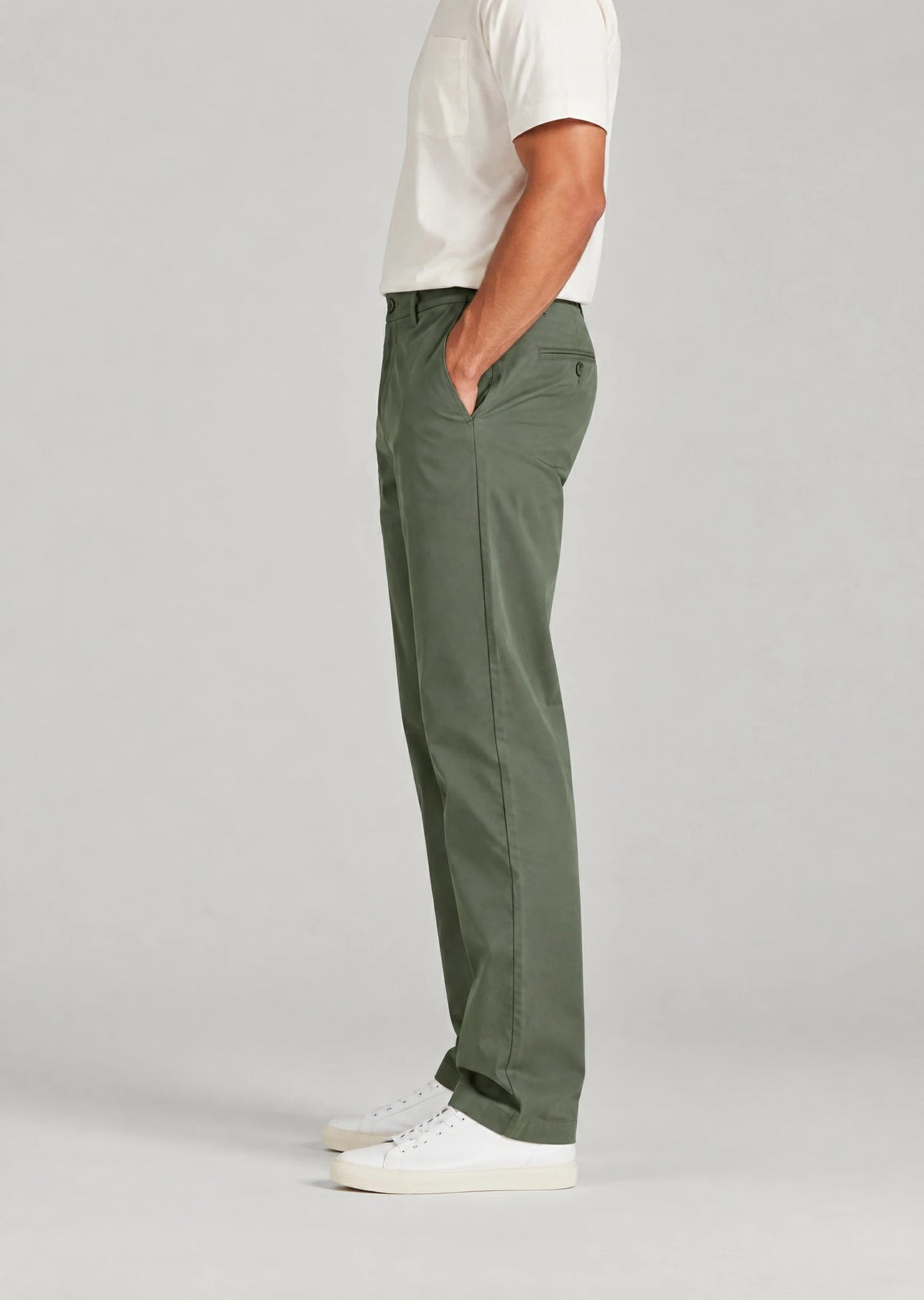 Side view men's olive green casual cotton pants, straight leg classic fit with hidden expandable waist for comfort