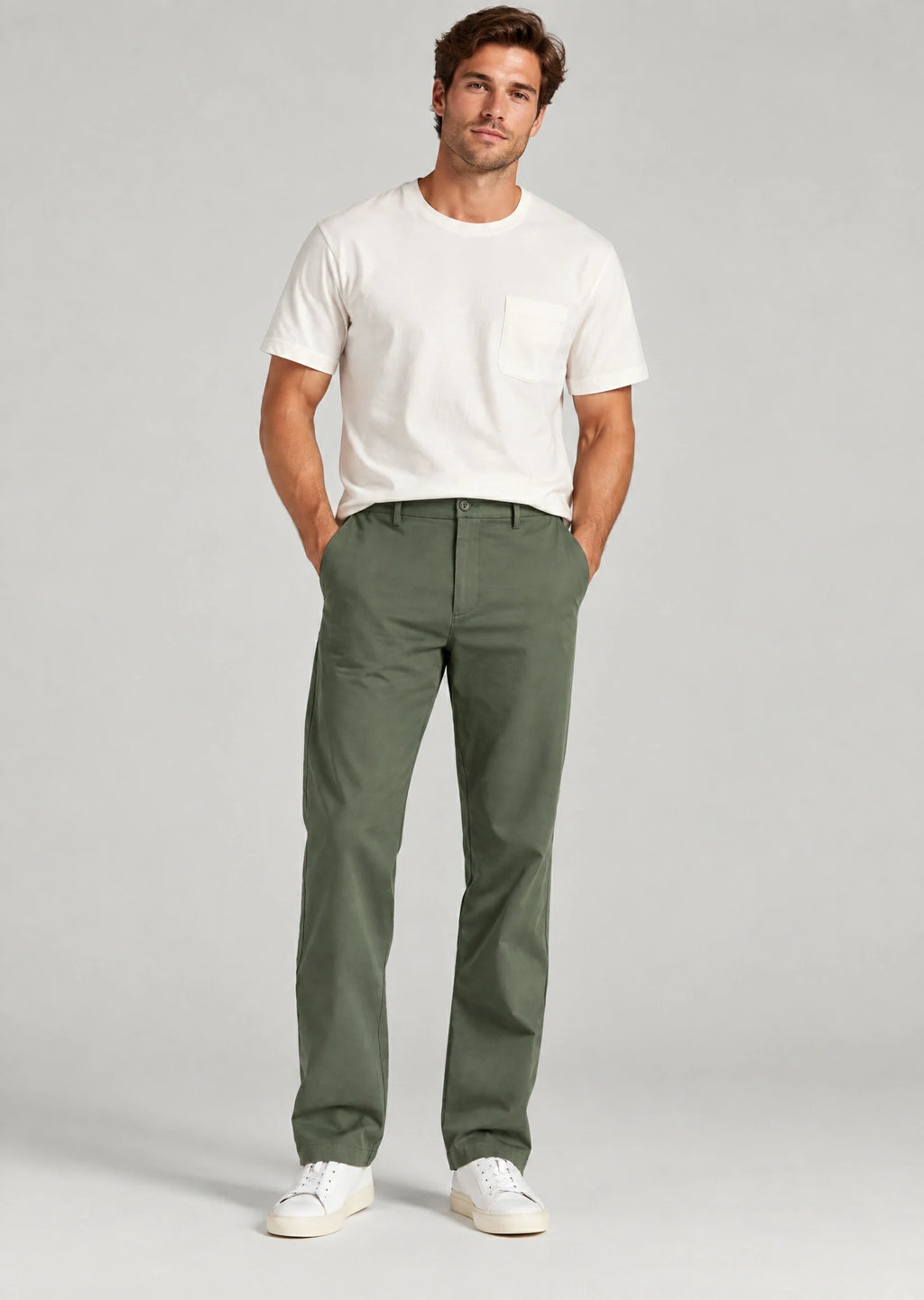 Men's olive green cotton casual pants with hidden expandable waistband, classic fit flat front trousers for men