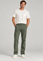 Men's olive green cotton casual pants with hidden expandable waistband, classic fit flat front trousers for men