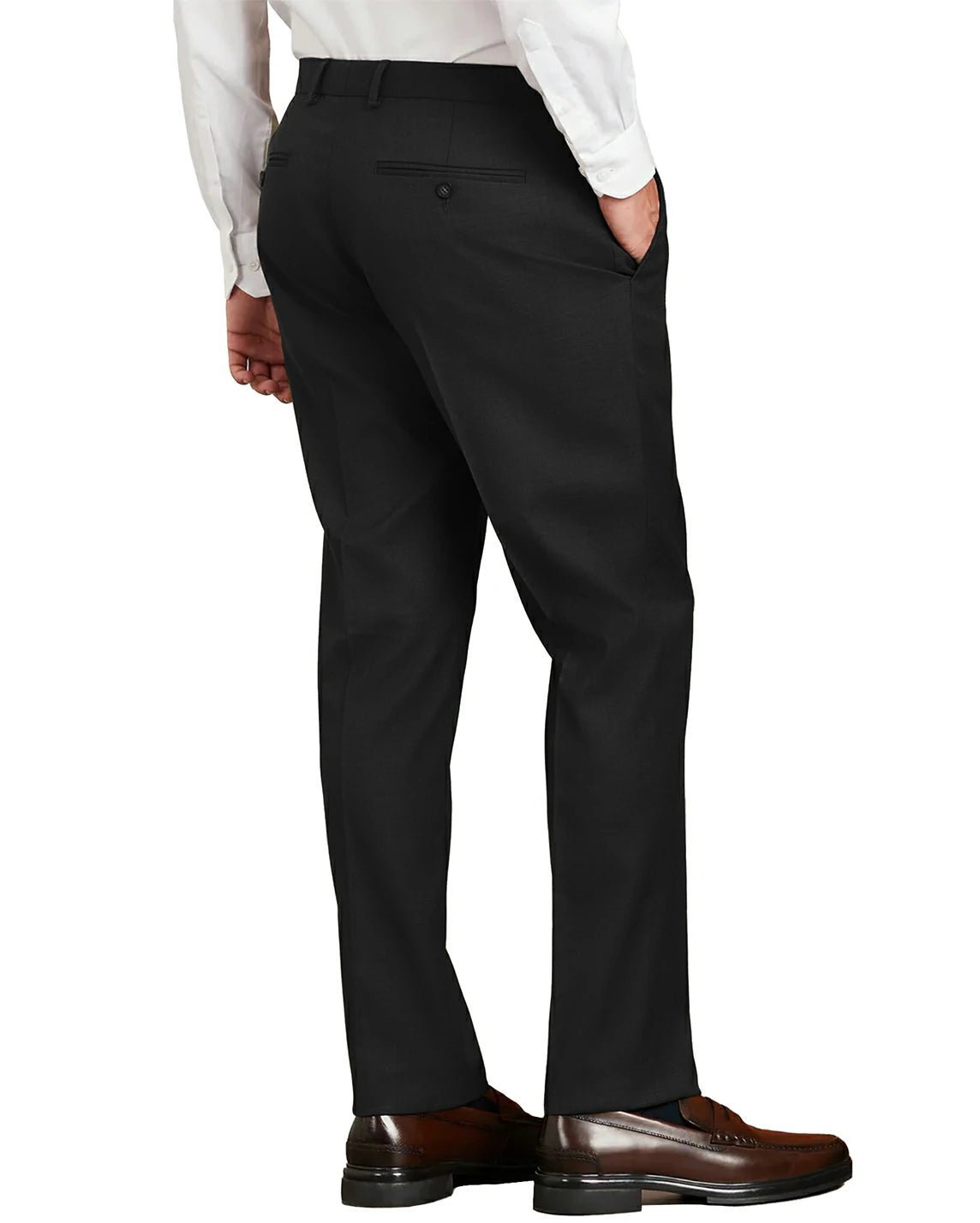 back view of a man wearing solid black slim fit pants with button back pockets