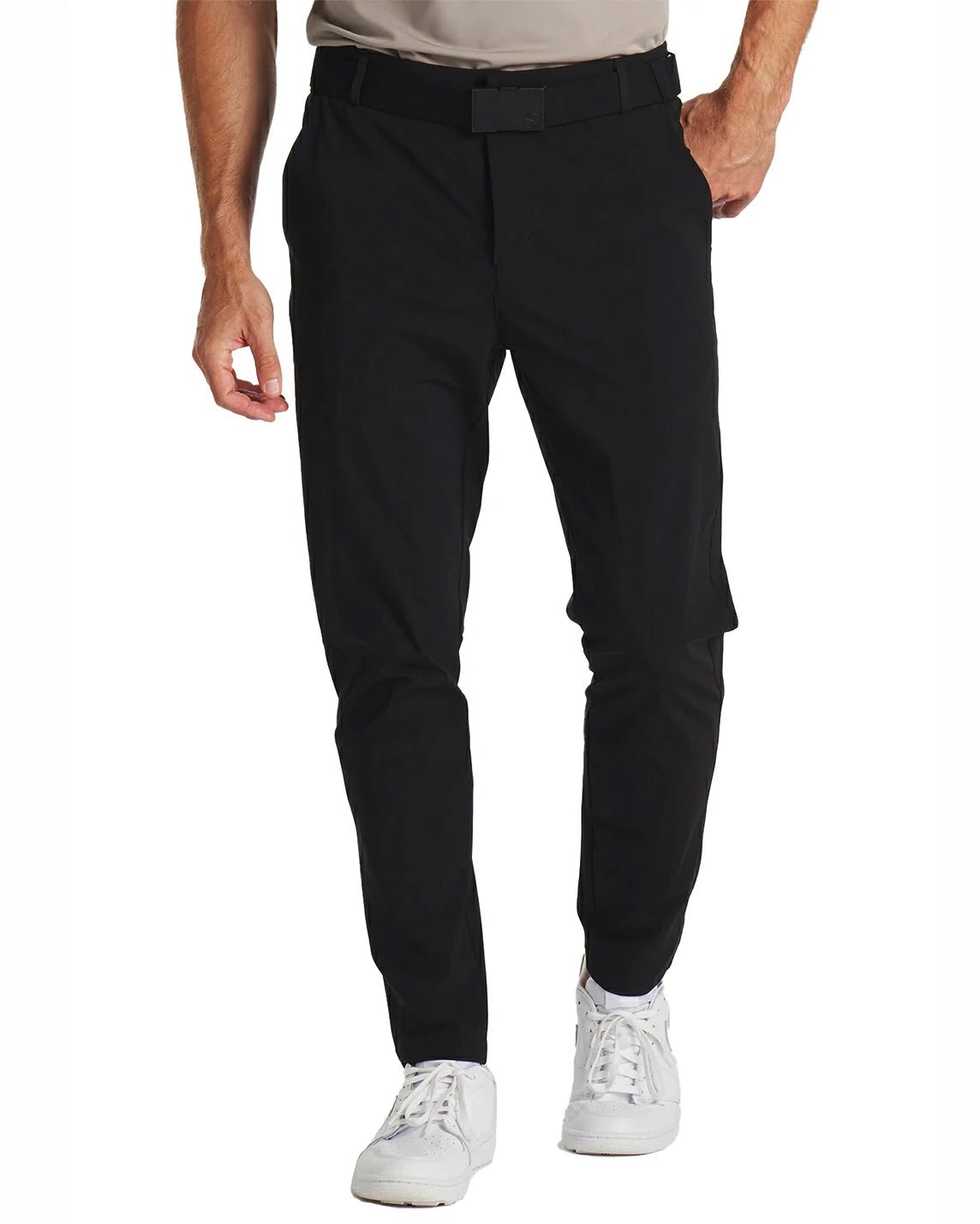 front view of a man wearing solid black golf pants with button and zipper closure