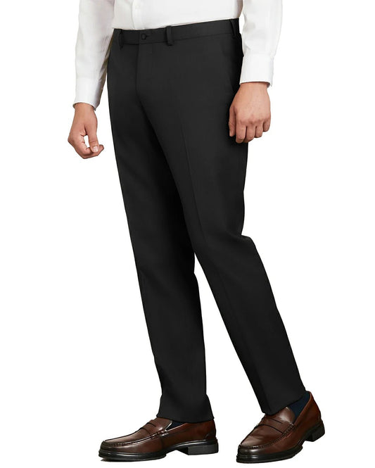 front view of a man wearing solid black slim pants with button and zipper closure