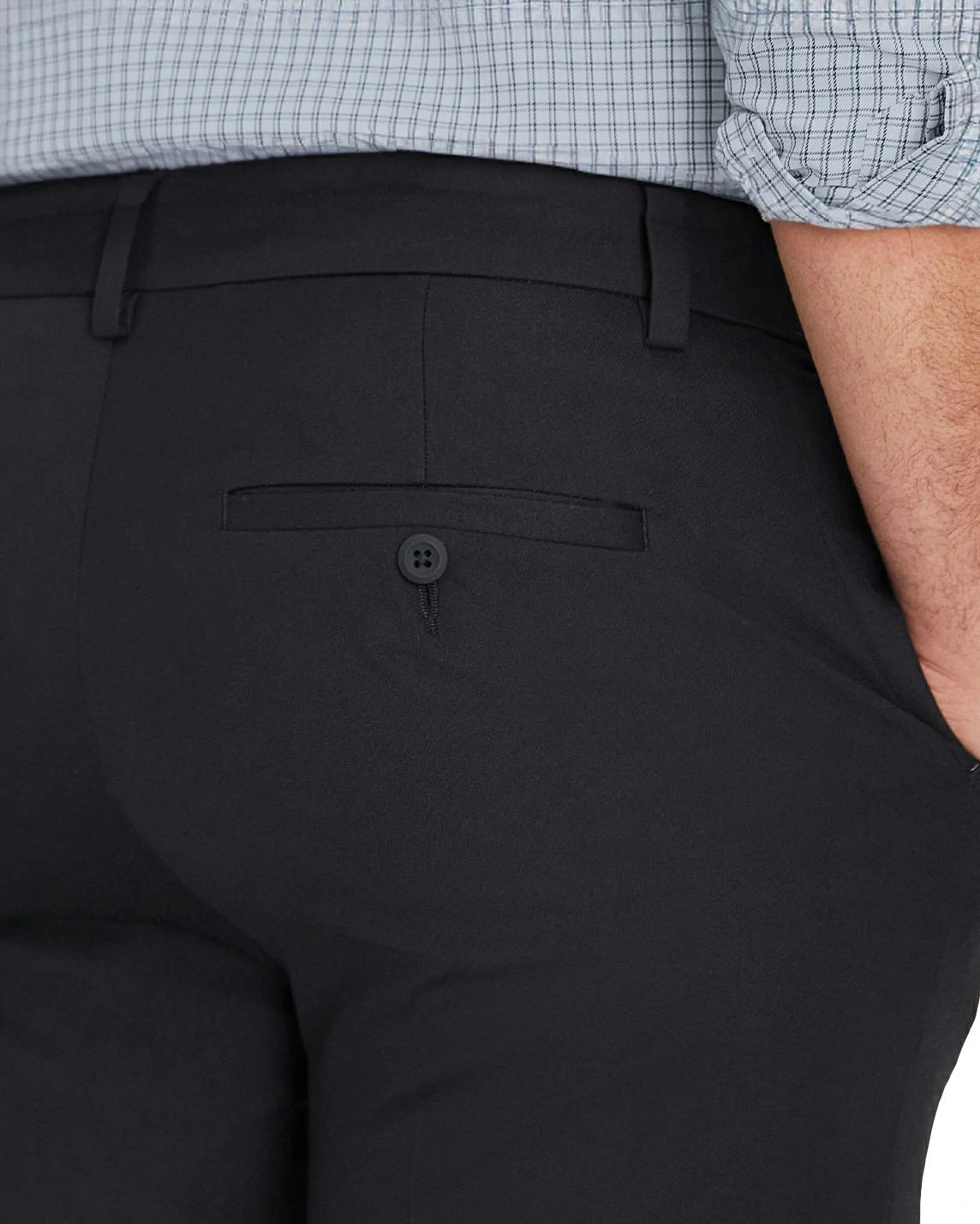 close-up of the button back pocket of men's black pants