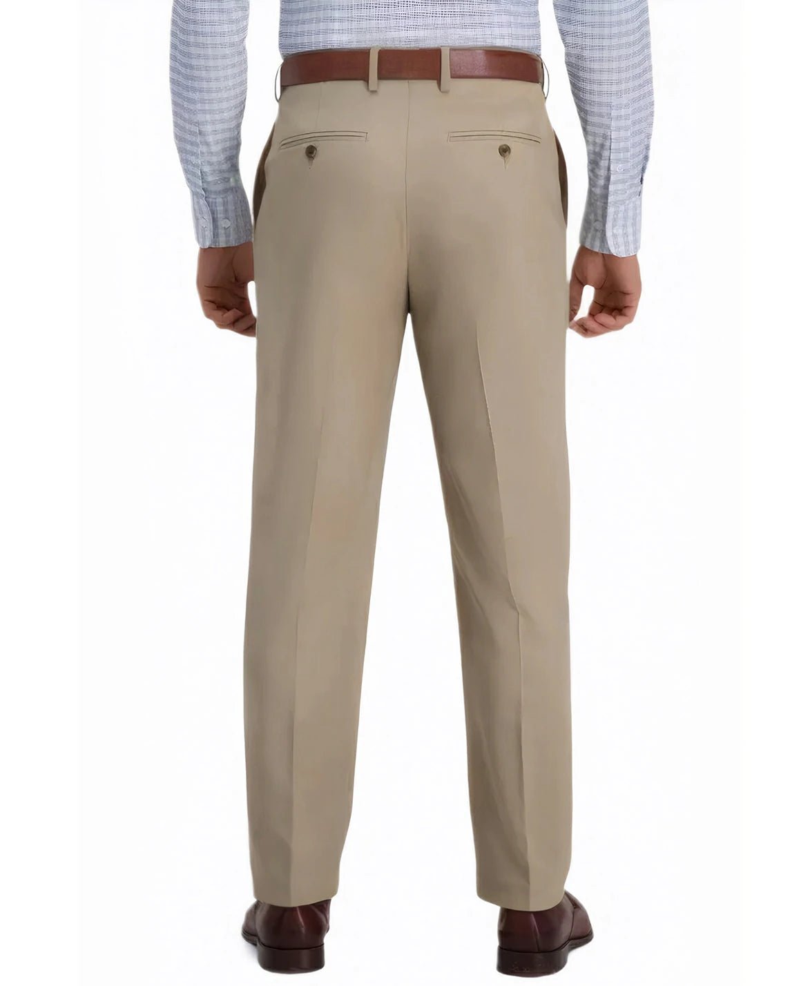 back view of a man wearing solid khaki dress pants with two button pockets