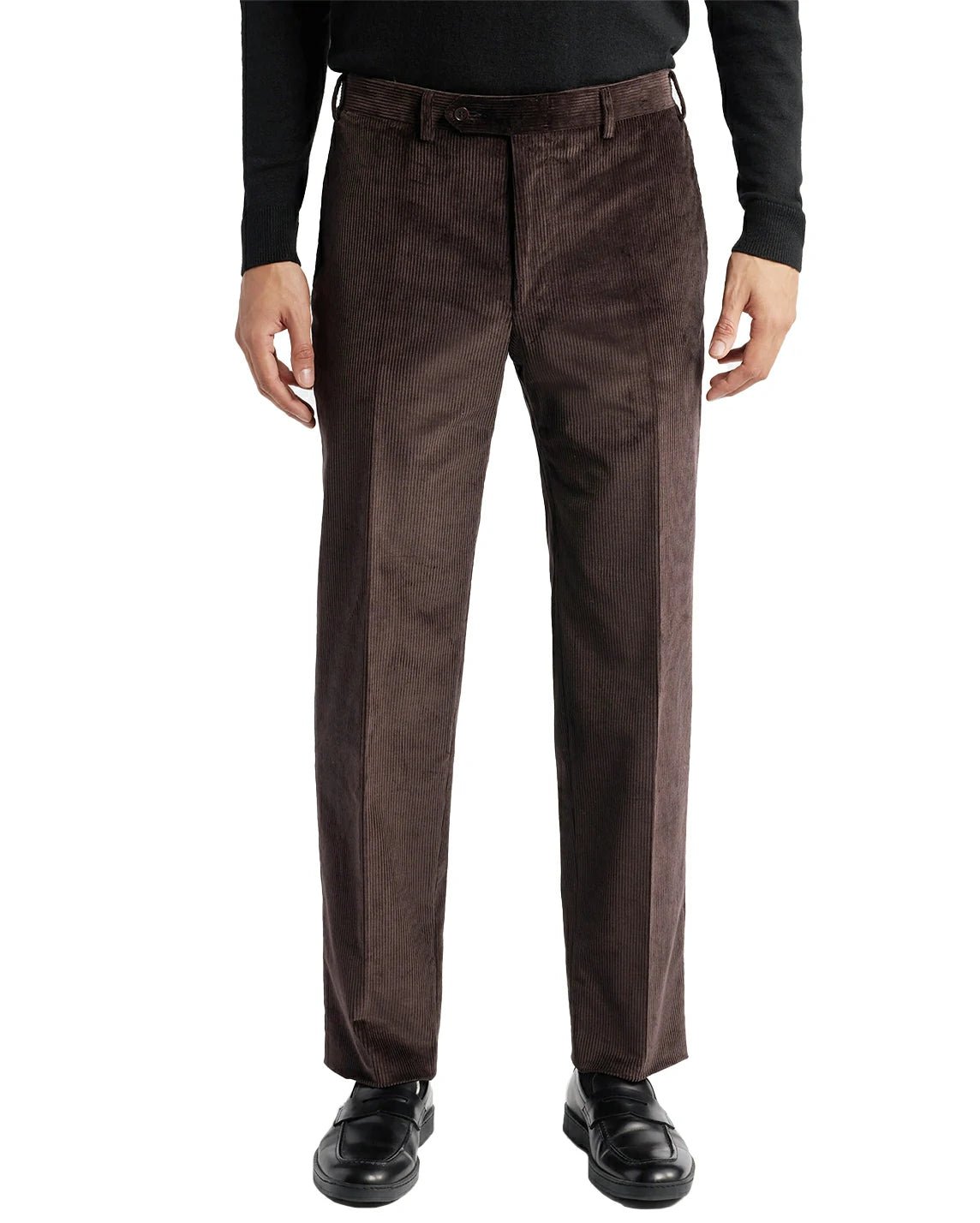 front view of a man wearing solid brown corduroy pants with button and zipper closure